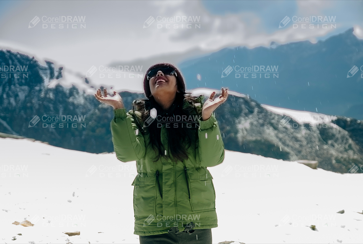 Girl Playing with Snow in Mountain