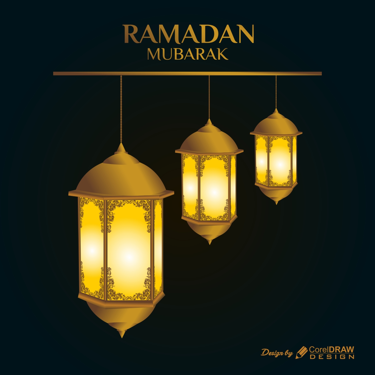 Golden Ramadan Mubarak Greeting Card with Lanterns