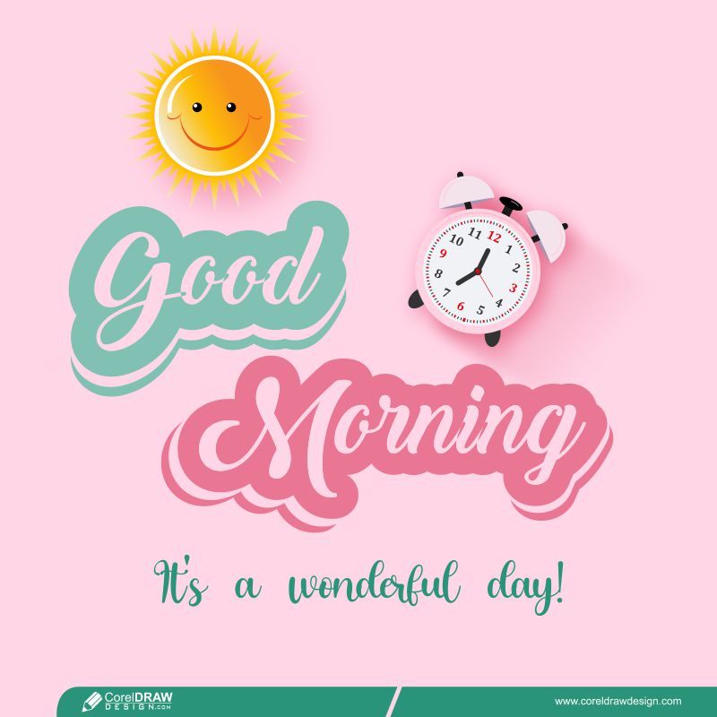 Good Morning Creative With Clock Alarm & Sun Free Premium Vector