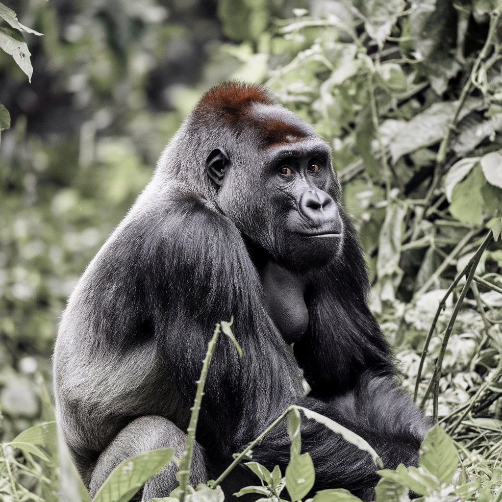 Gorilla sitting in the wild bushes in the forest hd image