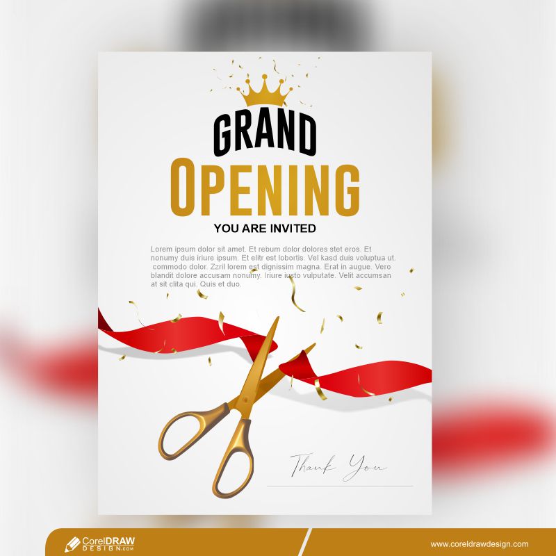 Premium Vector  Grand opening ceremony invitation card closed with red bow  ribbon and golden scissors