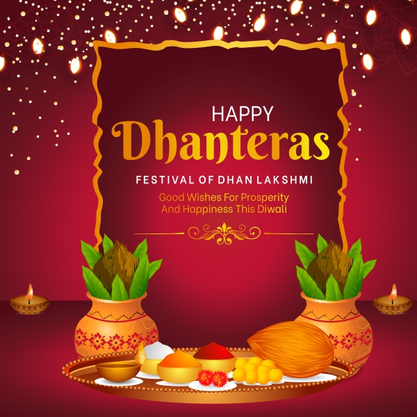 Happy Dhanteras 2023 and Diwali Greeting Vector Background With Pujja Thali and Kalash Premium CDR For Free
