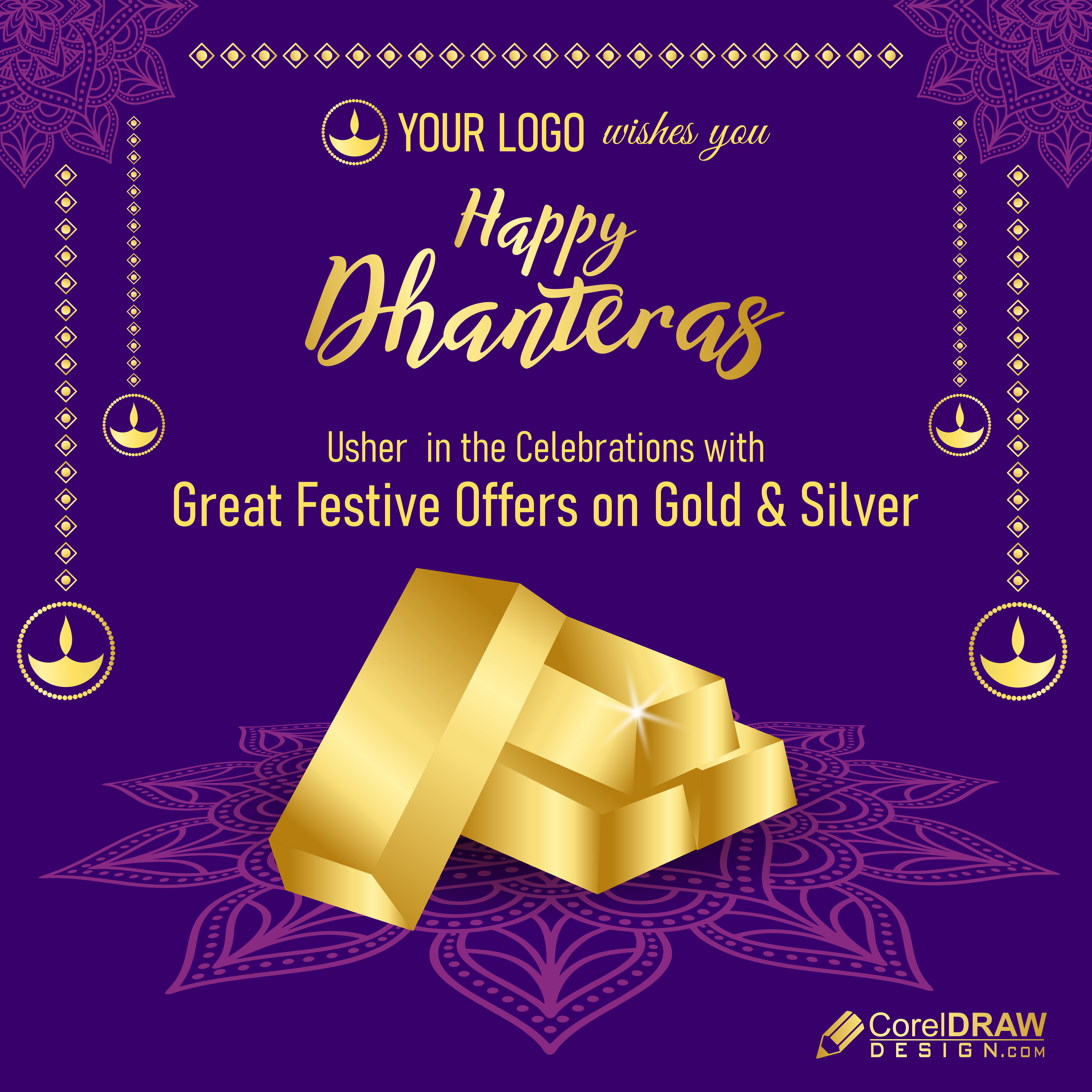 Happy Dhanteras festival with golden bars background Free CDR
