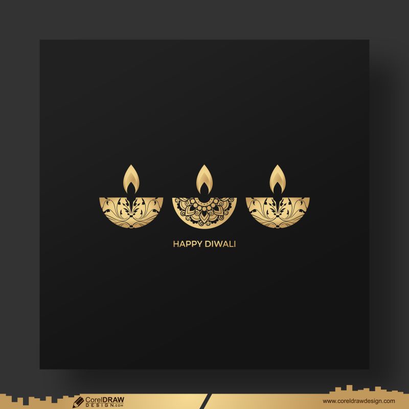 Happy Diwali Greeting Cards Templates Hand Drawn Gold Diya Lamp CDR Free