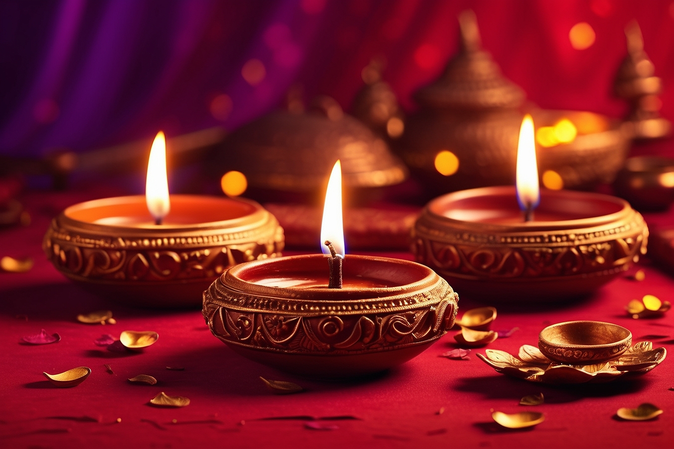 Happy Diwali Oil lamps lit on colorful rangoli during diwali celebration stock photo