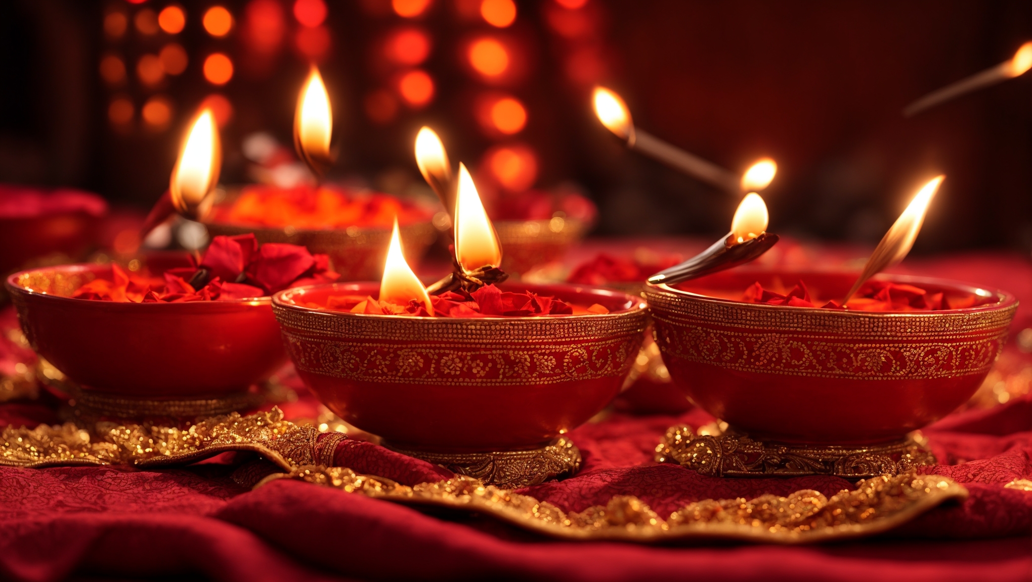 Happy Diwali Oil lamps lit on colorful rangoli during diwali celebration stock photo