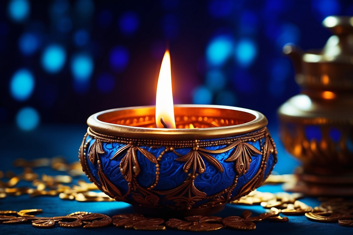 Happy Diwali Oil lamps lit on colorful rangoli during diwali celebration stock photo