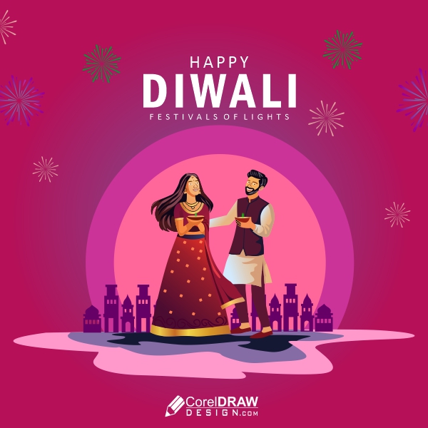 Happy diwali Vector Character Girl And Boy Celebrate Diwali Creative Design For Free In CDR file