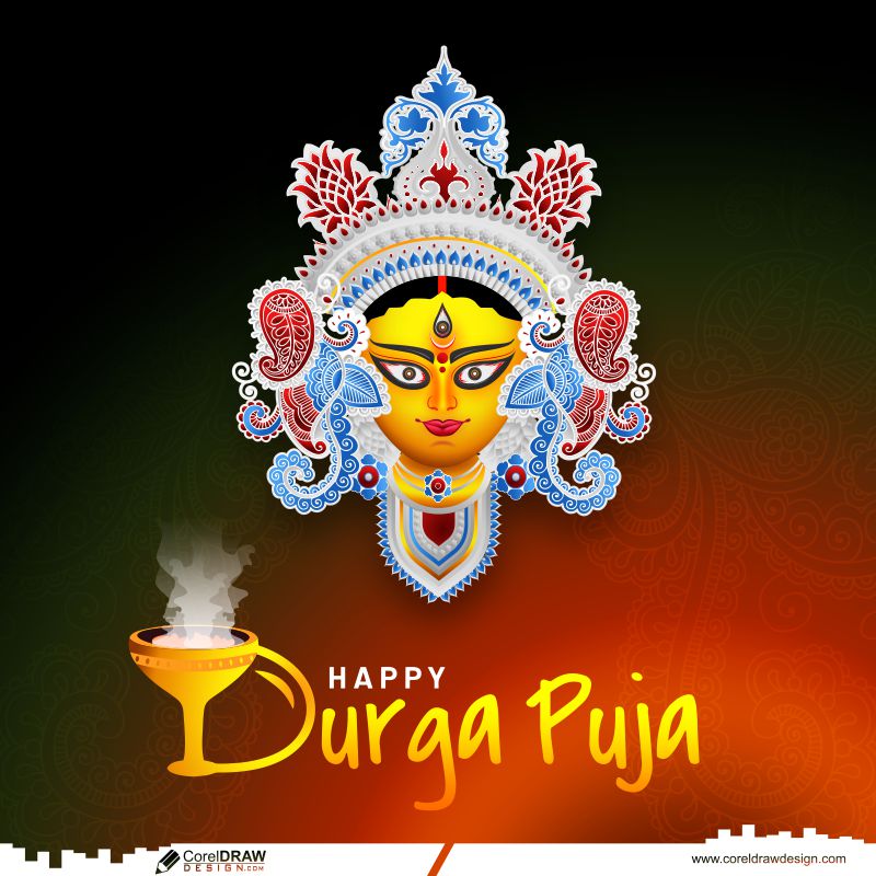 happy durga puja wishing greeting with durga face vector