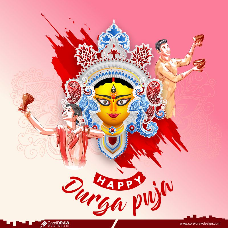 happy durga puja wishing greeting with durga face vector & dhunuchi dance