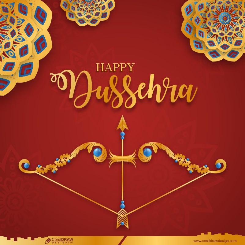 Happy Dussehra Wishes Card with Bow and Arrow Free Vector