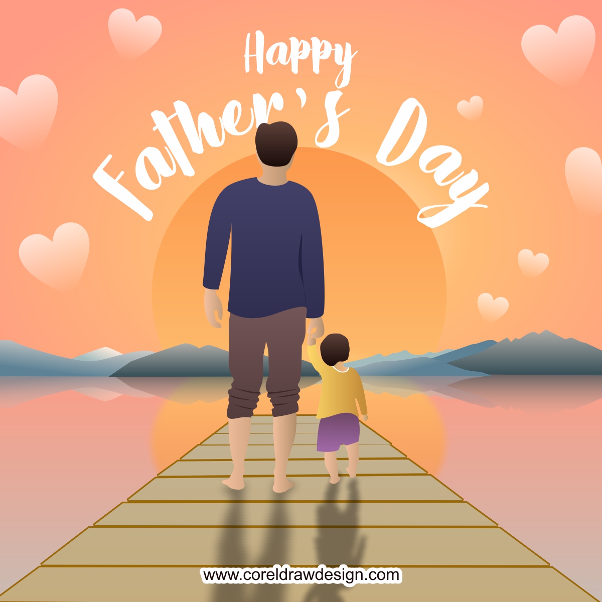 Happy Fathers Day with Dad & Child Flat Design