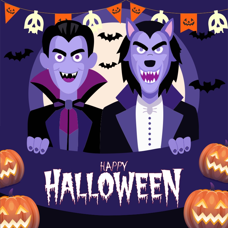 Happy Halloween Wishes Vector With Vampire And WareWolf