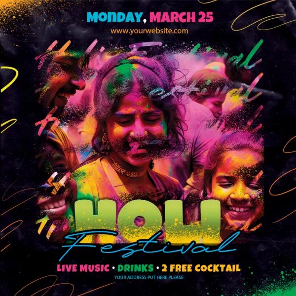 Happy Holi 2025 Event Ticket Design PSD Template Download For Free