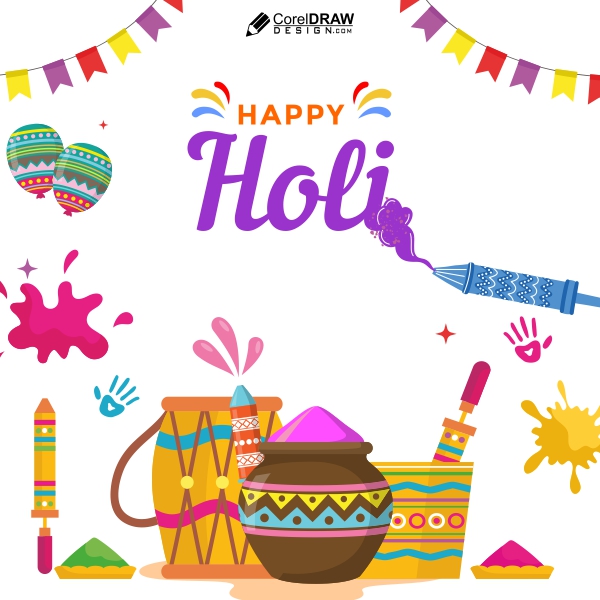 Happy Holi Flat Greating Vector colorful  Design Download For Free With Cdr And Eps File