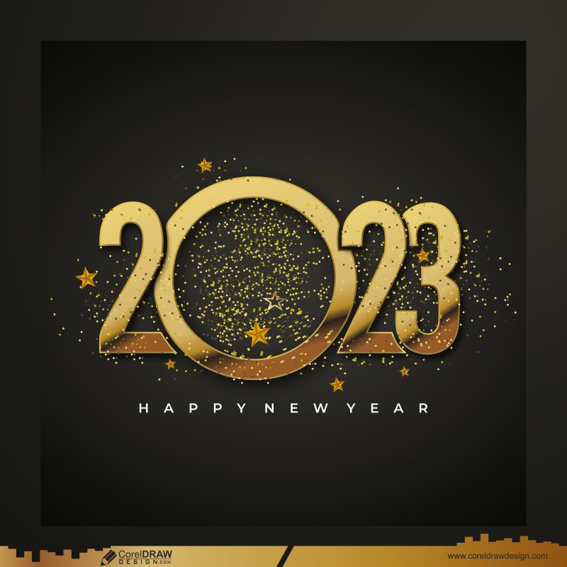 Happy New Year 2023 Gold Number Confetti star Greeting Card Celebration Background Free CDR