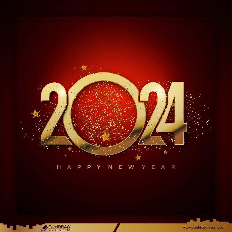 Happy New Year 2024 Gold Number Confetti star Greeting Card Celebration Background Free CDR