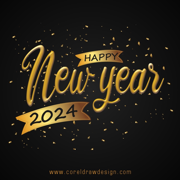 Happy New Year 2024 Realistic Golden Colour & Black Background Premium Vector