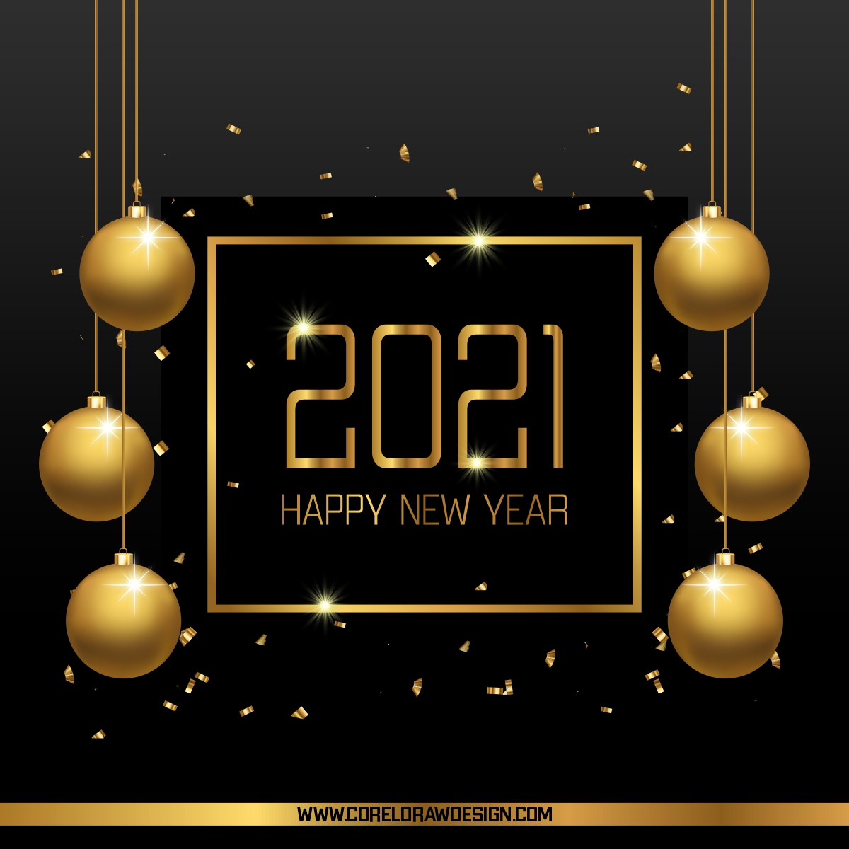Happy New Year Greeting Card & Golden Christmas Balls Free Vector