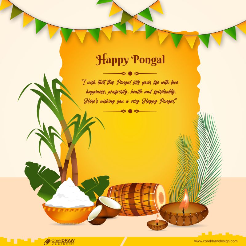 Happy Pongal Celebration Background With Traditional Dish In Mud Pots Premium Vector