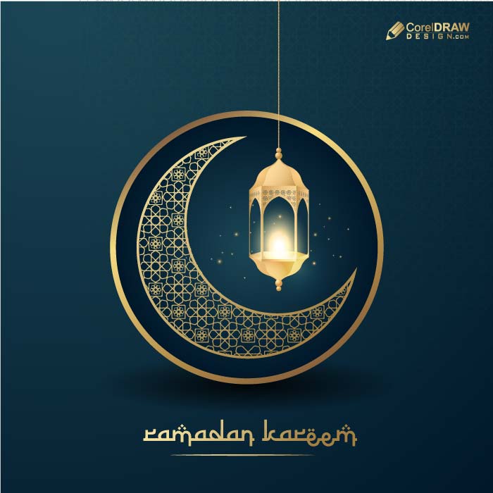 Happy ramadan kareem islamic golden lantern on blue background vector