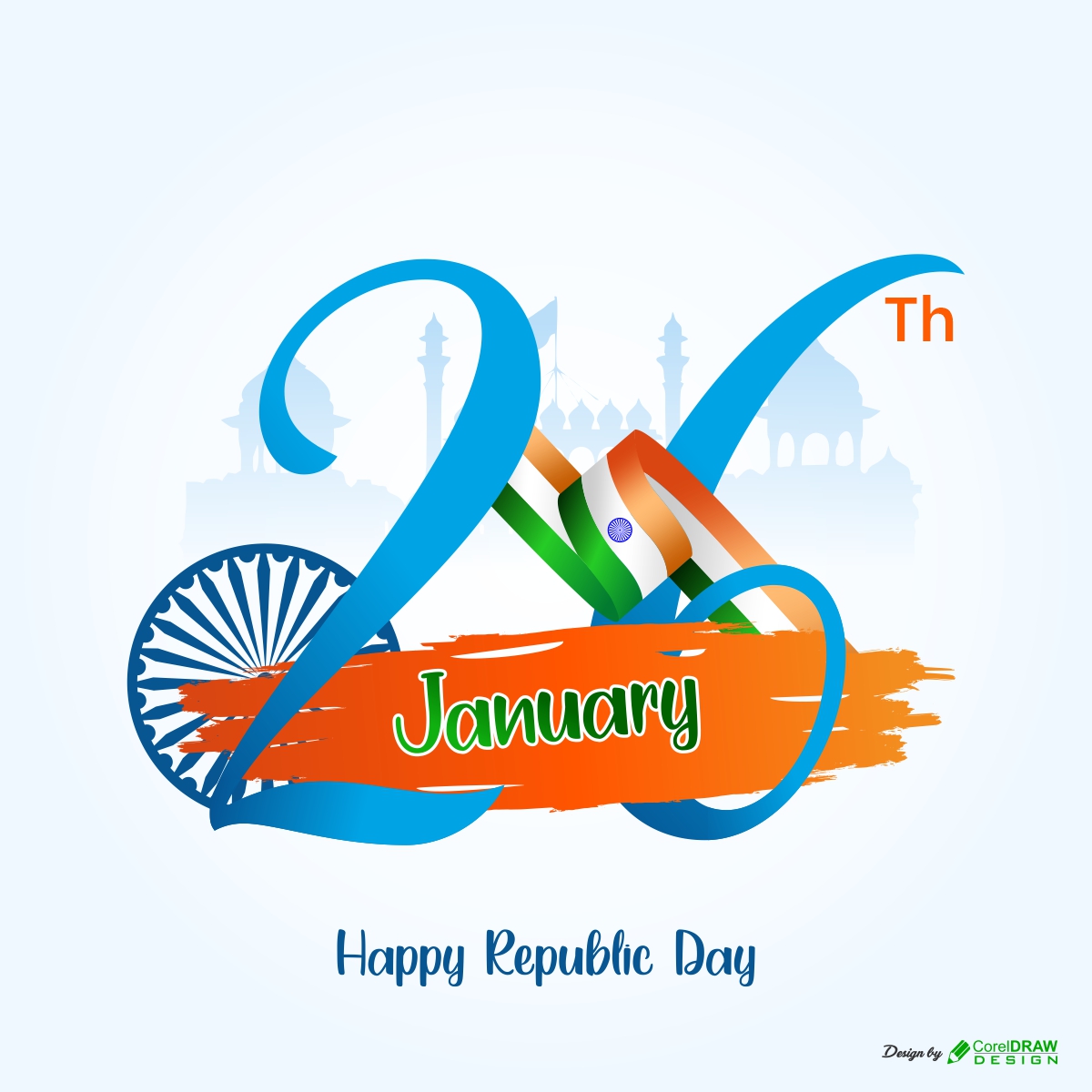 Happy Republic Day Font With Ashoka Wheel 26th January Premium Vector
