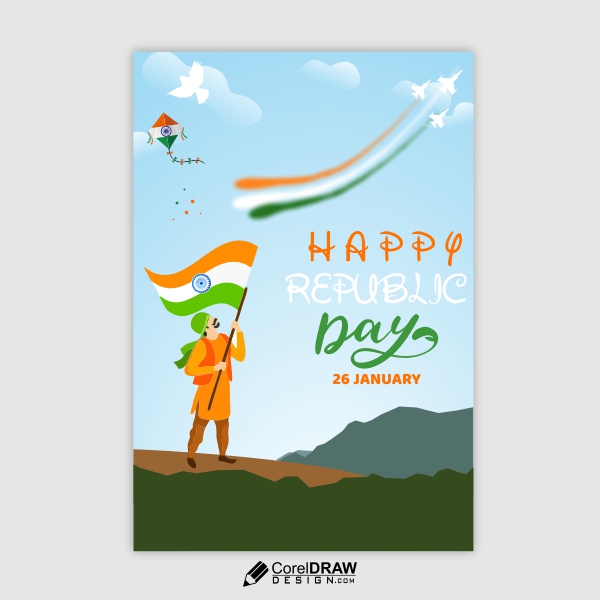 Happy republic day vector background design with a man holding tiranga