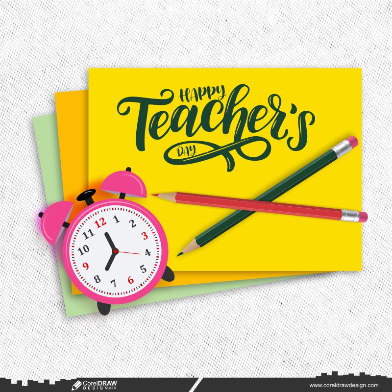 Happy Teachers Day Paper & Pencil with wall watch Background Download CDR