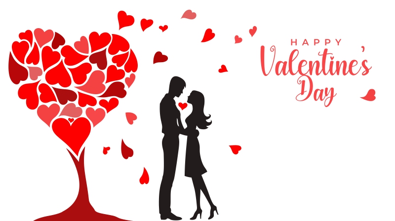 Happy Valentine Day Couple Proposing under Heart Tree, Valentine Background, Wallpaper, Vector Illustration, Free CDR