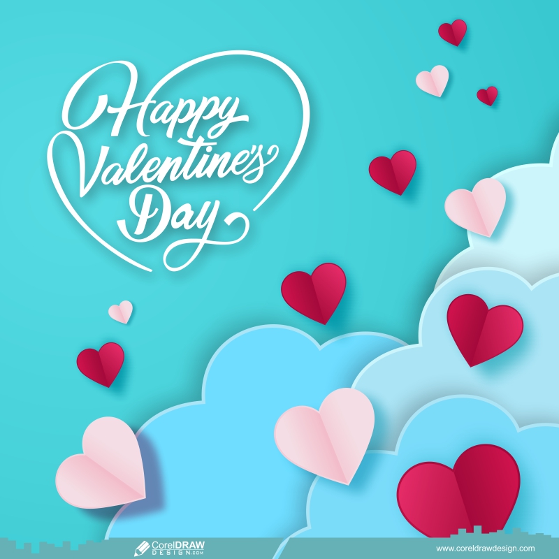 happy valentines day sky and paper cut clouds with hearts 2023 CDR design