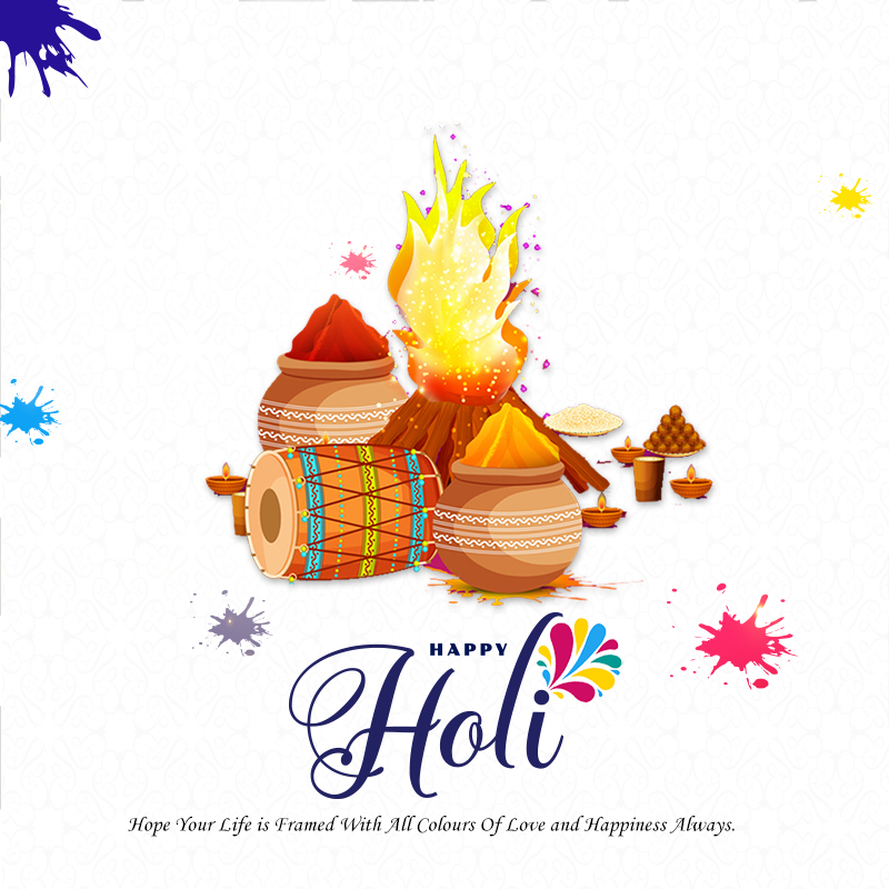 Holi Banner Design with Illustration of Bonfire, Dhol & Mud Pot of Colors, Free Psd