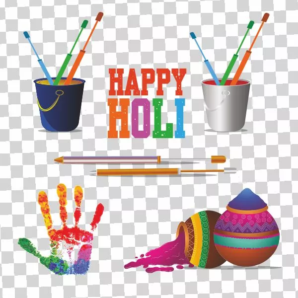 Holi Elements Vector Png, Holi Buckets, Holi ColourfulPot, Pichkari and Holi Palm Png Vector Image