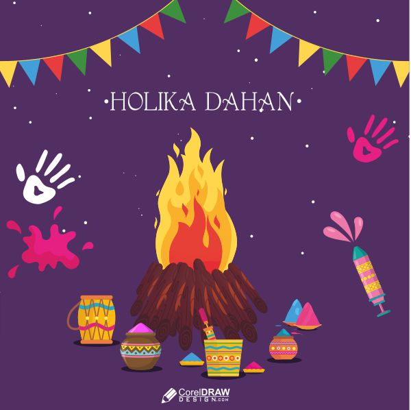 Holika Dahan With Bone Fire And Vector Holi Elements Download For Free