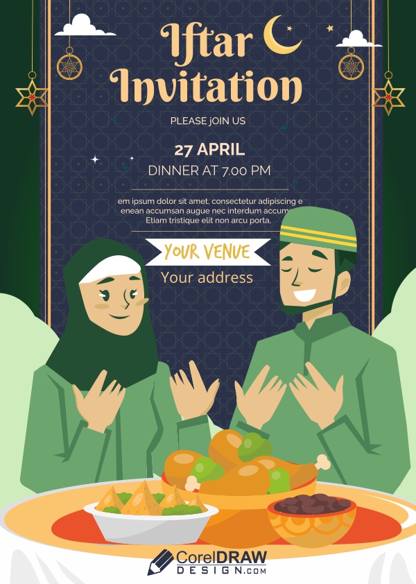 Iftar Party Invitation Card With Male And Female Character  Vector Design Download For Free
