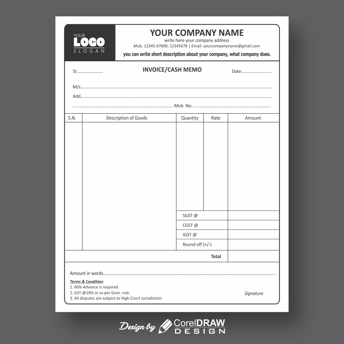 Indian Cash Memo Format in Single Color