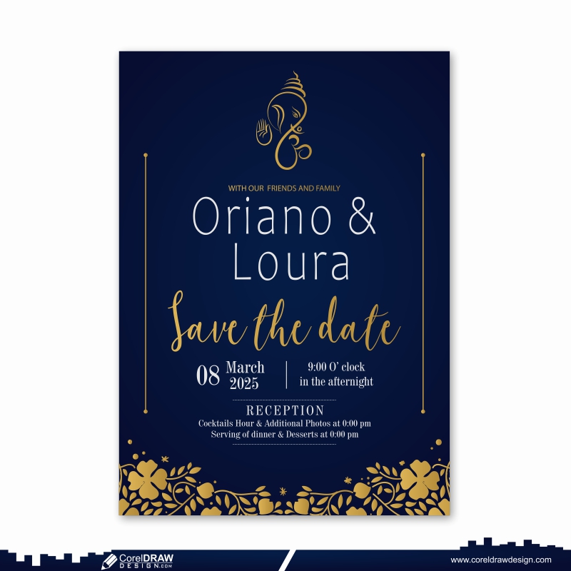 Indian Golden & Blue Floral Wedding Card Template Premium CDR