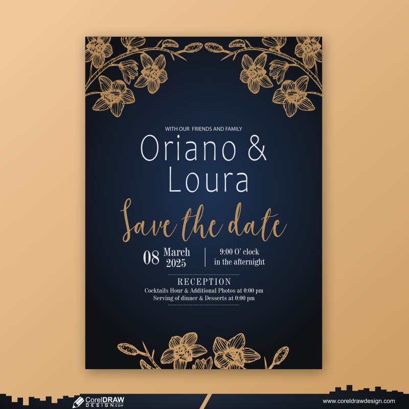 Indian Golden Floral Wedding Card Template Premium CDR