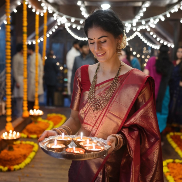 Indian Women Wearing Golden Saree Holding Diyas 4k Hd image Download For Free