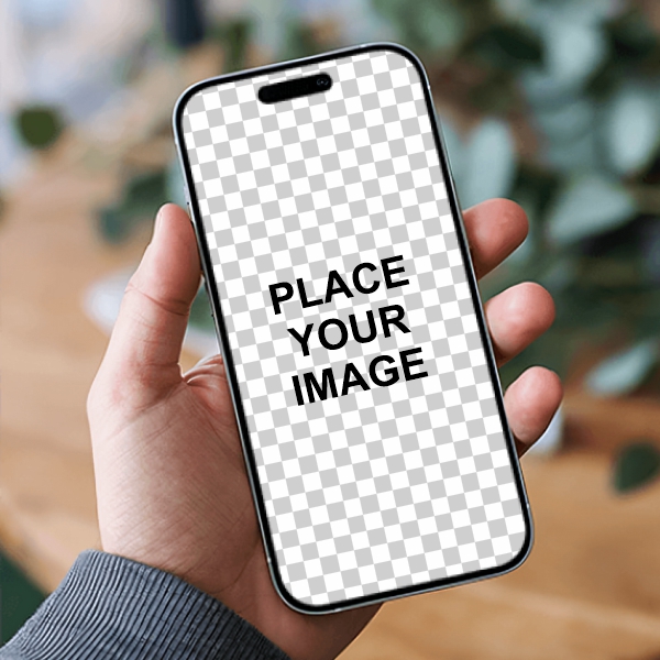 Iphone 16 mockup held in hand showing design images For free in corel draw design