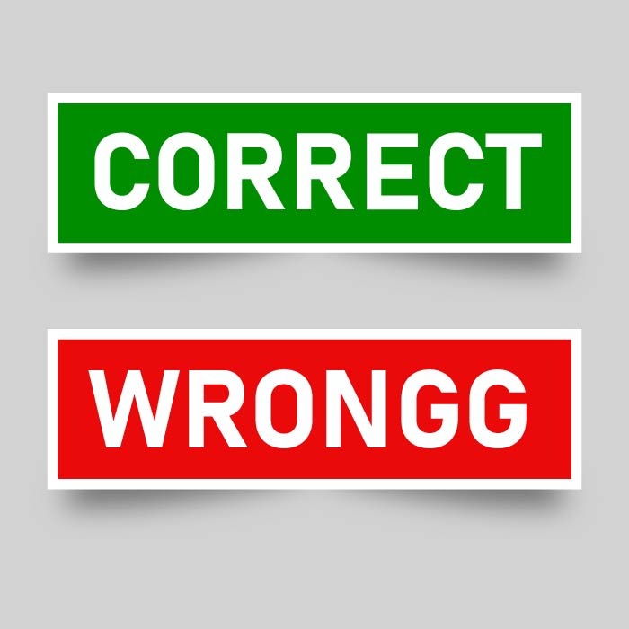 Label sticker in green red color rectangle shape as word correction wrongg on white background