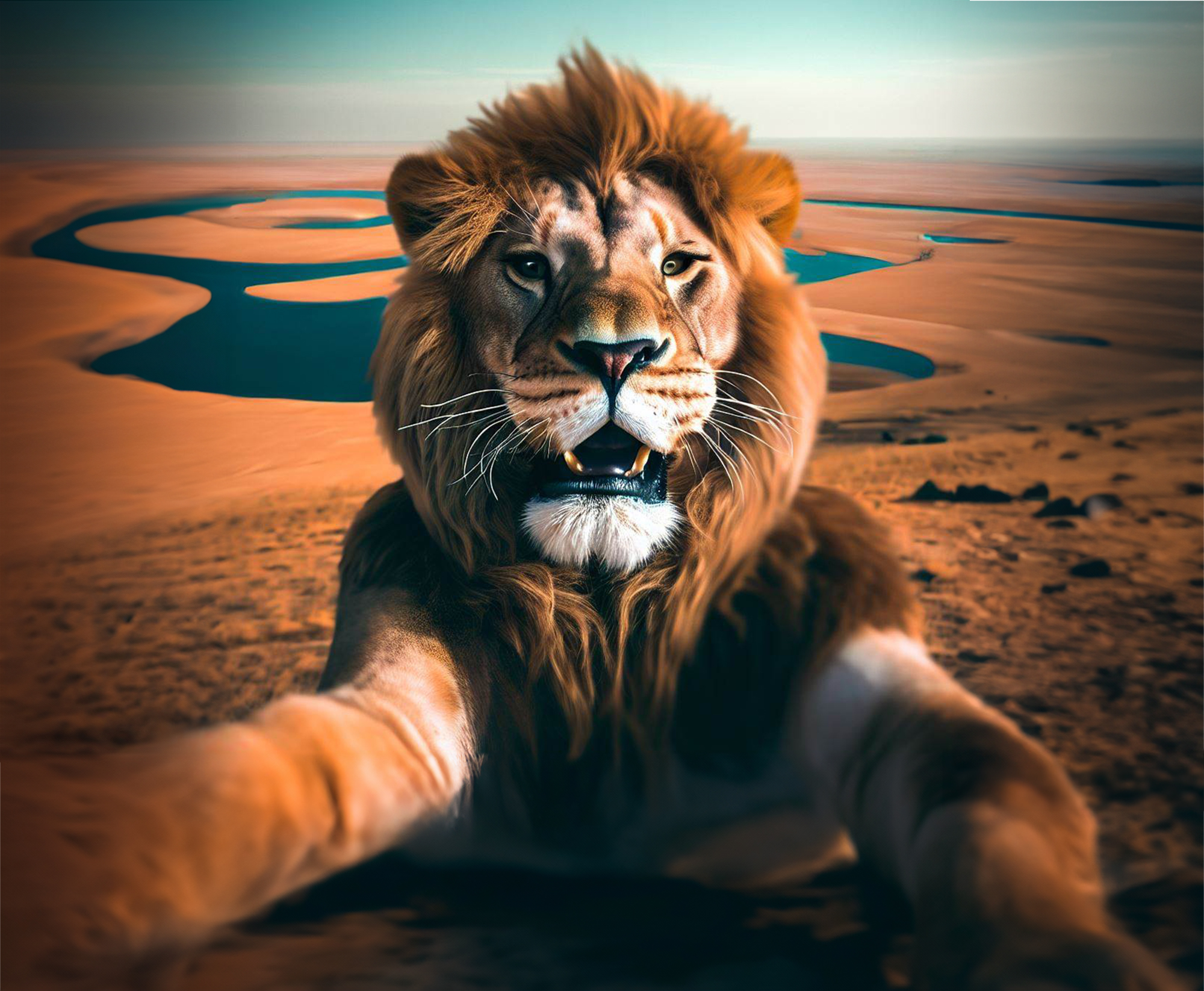 Lion Taking Selfie in a Desert With lakes Without Watermark ANd royalty Free Image download For Free
