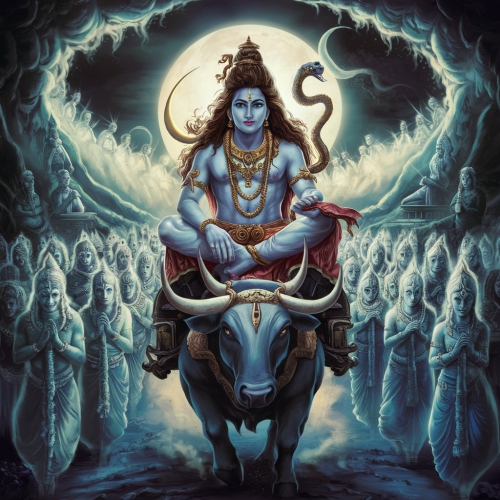 Lord Siva the king of the ghosts, sitting on the back of his bull carrier, travels at this time, accompanied by ghosts who follow him for their welfare.