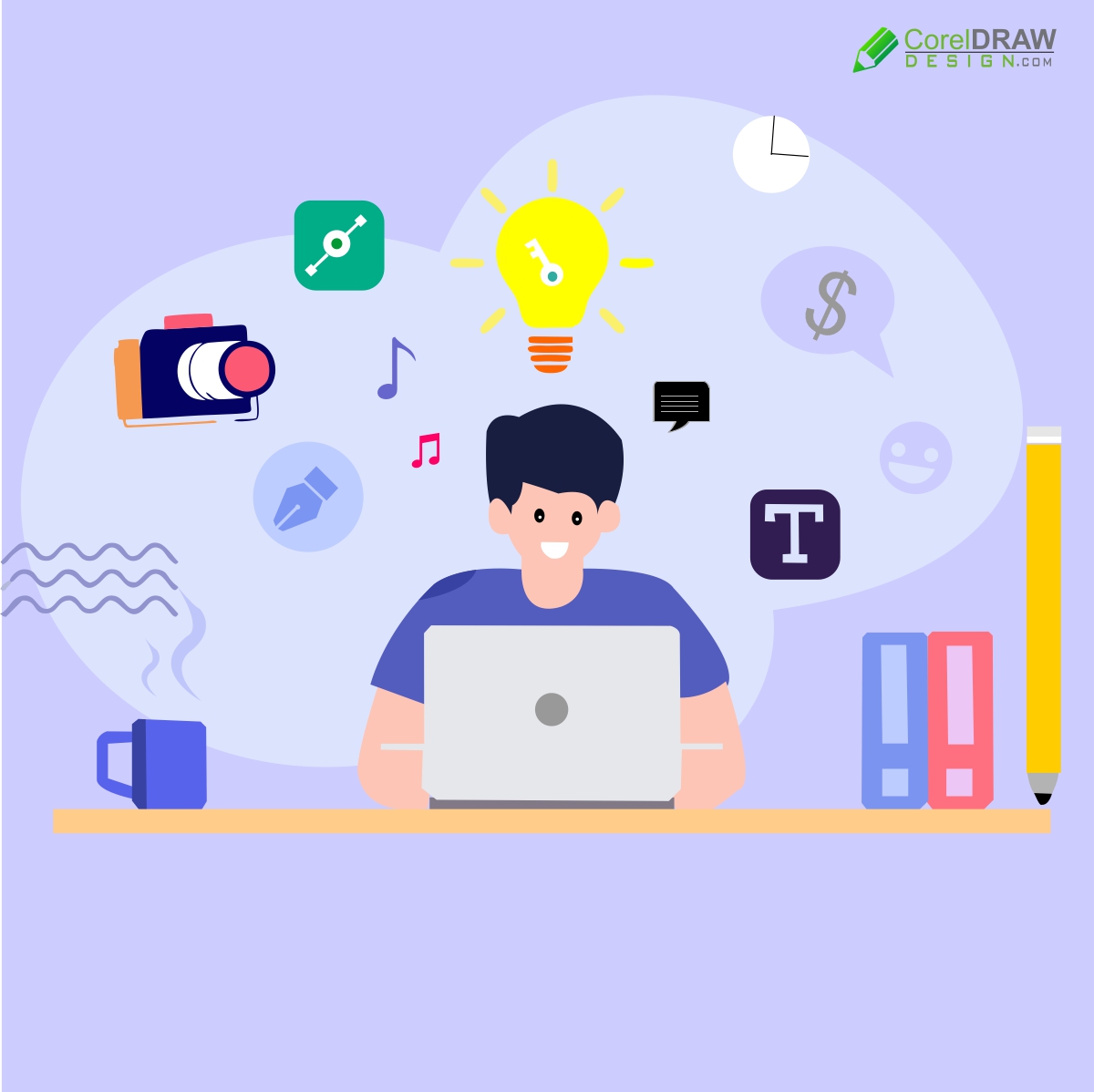Male character surrounded with gadgets flat design