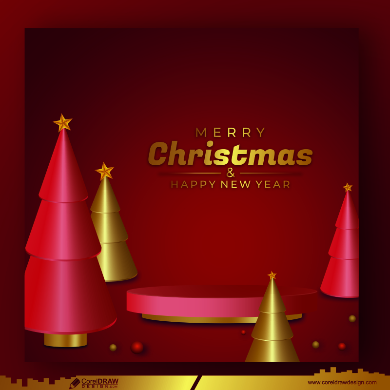 Merry christmas & happy new year realistic gold and red christmas trees garlands background Free CDR