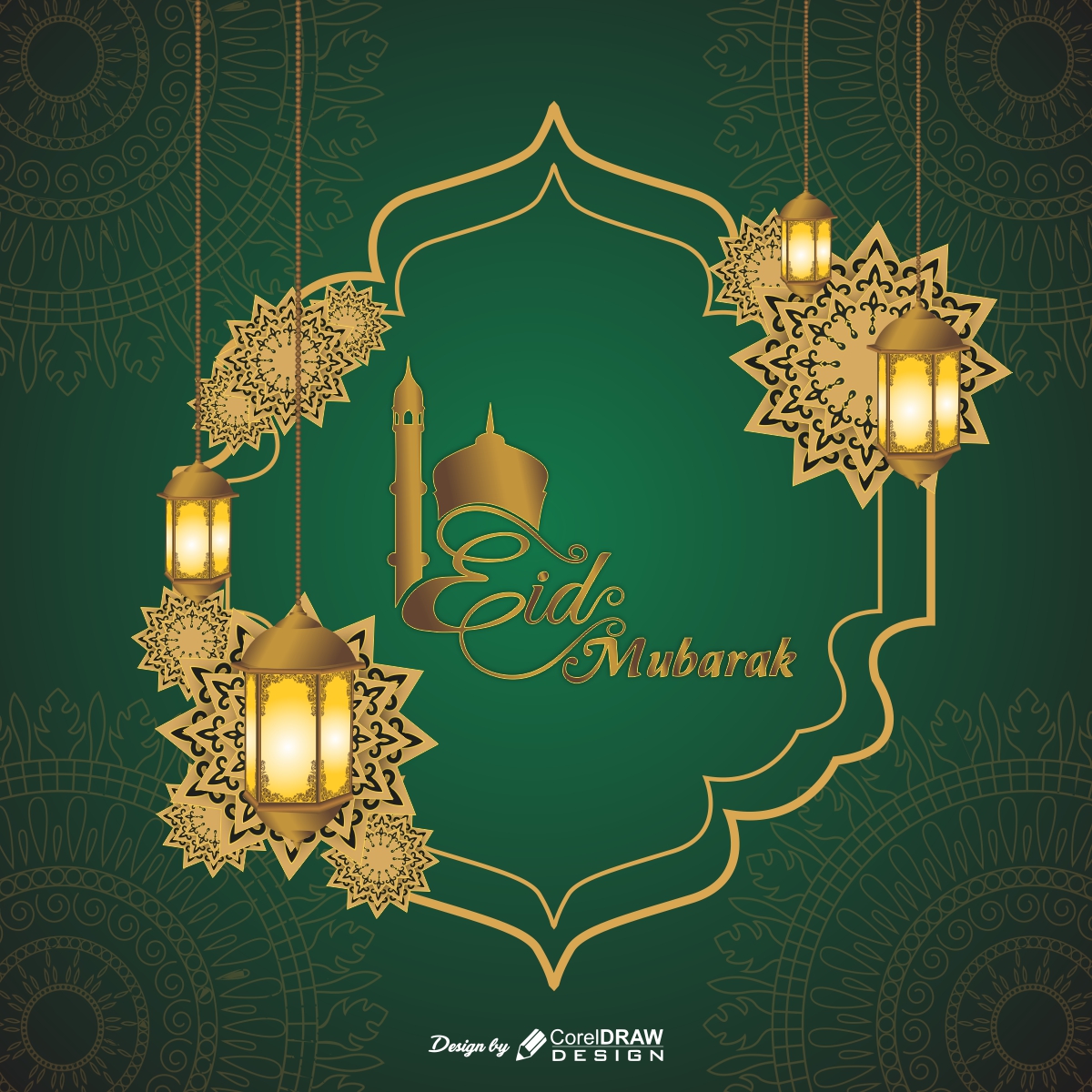 Muslim festival eid mubarak & golden hanging lenterns