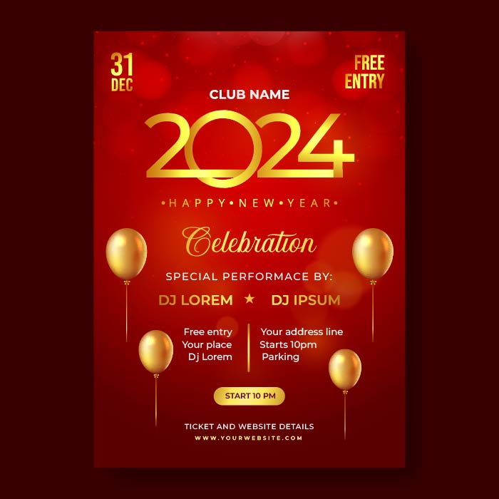 New year 2024 invitation greeting card balloons vector