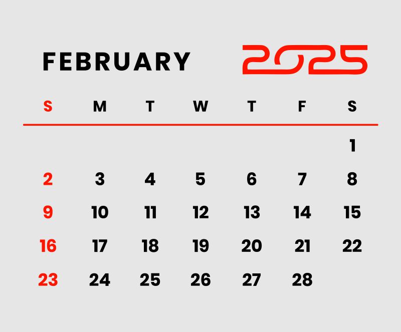 New Year February Month Calendar 2025 Vector SVG PNG 