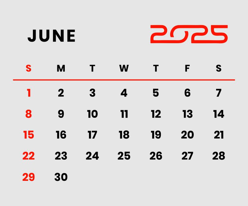 New Year June Month Calendar 2025 Vector SVG PNG 