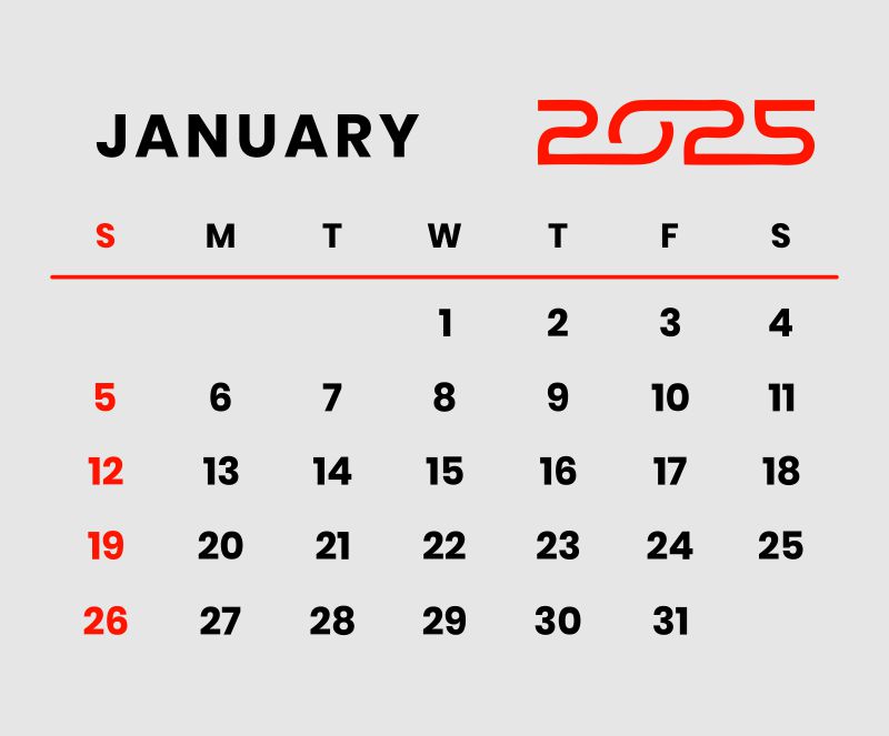 New Year Junuary Month Calendar 2025 Vector SVG PNG 