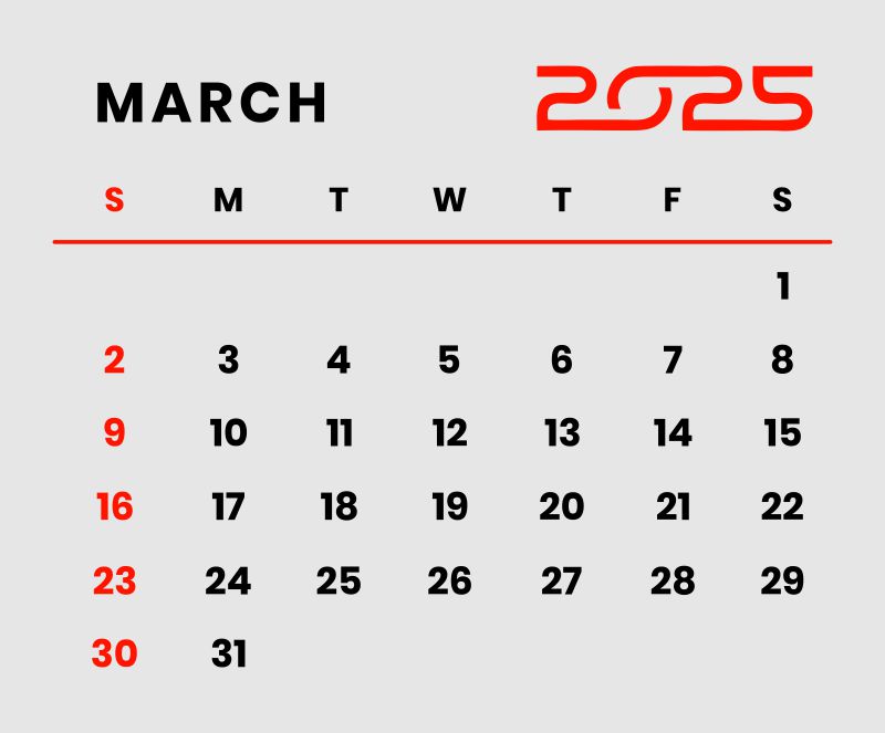 New Year March Month Calendar 2025 Vector SVG PNG 